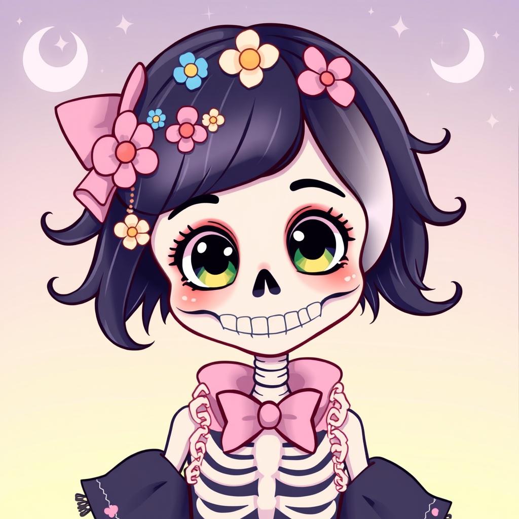 A cute anime-style illustration of a skeleton girl designed for a profile picture