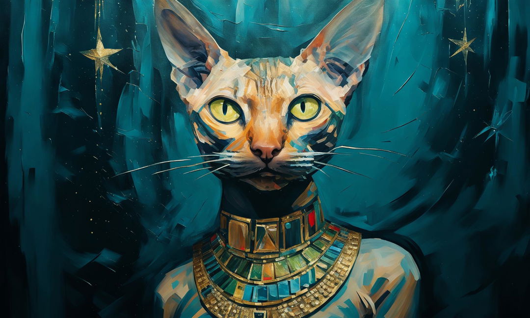 An oil painting portrait featuring a Sphinx cat dressed as an Egyptian goddess with an intricately designed golden headdress and collar necklace against a starry deep blue background.