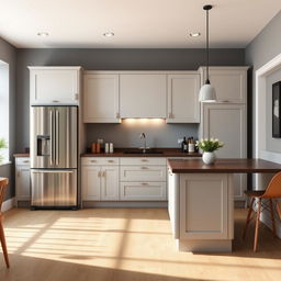 A modern kitchen featuring a stylish independent island, a sleek American-style double-door refrigerator, elegant oak wood flooring, cabinetry in a soft gray color, a dark wooden countertop, and beautiful gray walls