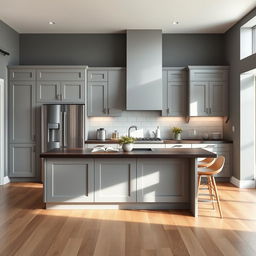 A modern kitchen featuring a stylish independent island, a sleek American-style double-door refrigerator, elegant oak wood flooring, cabinetry in a soft gray color, a dark wooden countertop, and beautiful gray walls