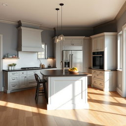 A modern kitchen featuring a stylish independent island, a sleek American-style double-door refrigerator, elegant oak wood flooring, cabinetry in a soft gray color, a dark wooden countertop, and beautiful gray walls