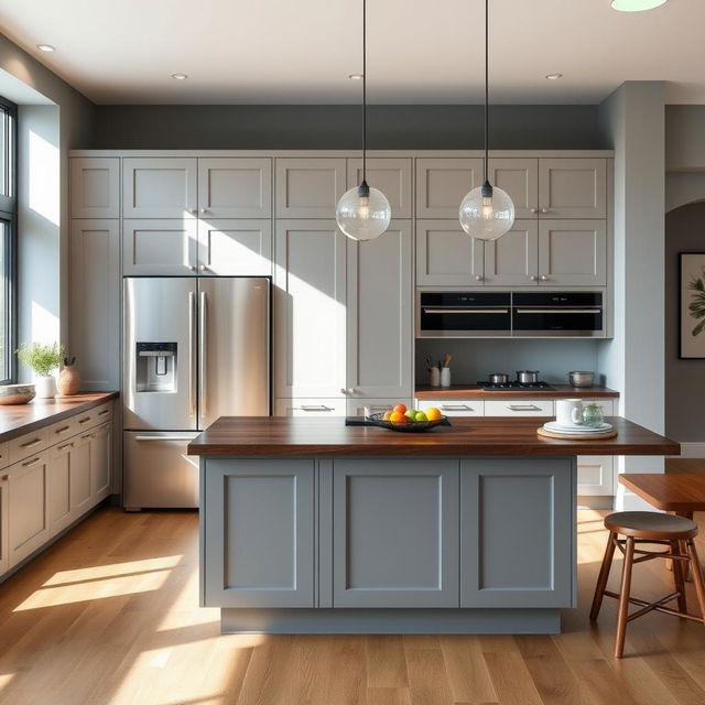 A modern kitchen featuring a stylish independent island, a sleek American-style double-door refrigerator, elegant oak wood flooring, cabinetry in a soft gray color, a dark wooden countertop, and beautiful gray walls