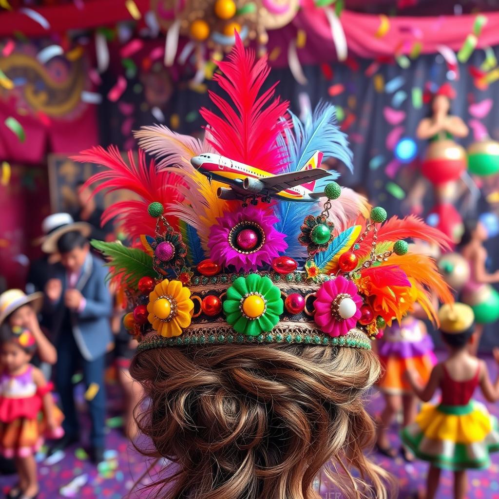 A vibrant carnival hair tiara adorned with colorful decorations, featuring a miniature airplane perched on top