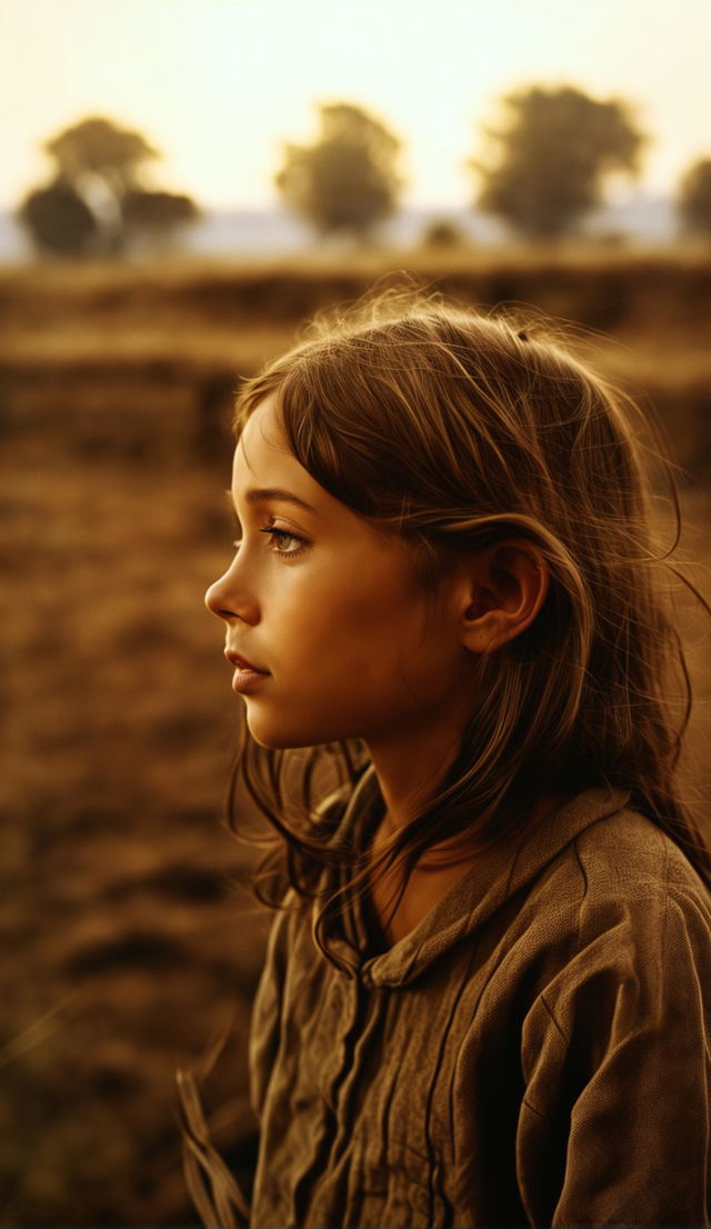 Ultra high-resolution 36k real-life candid photograph in Dorothea Lange style of a beautiful girl with facial symmetry, round pupils, long eyelashes, full lips in side profile, low light, low angle against a landscape at sunset.
