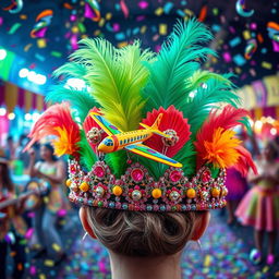 A vibrant carnival hair tiara adorned with colorful decorations, featuring a miniature airplane perched on top