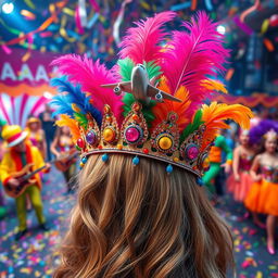 A vibrant carnival hair tiara adorned with colorful decorations, featuring a miniature airplane perched on top