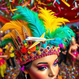 A vibrant carnival hair tiara adorned with colorful decorations, featuring a miniature airplane perched on top