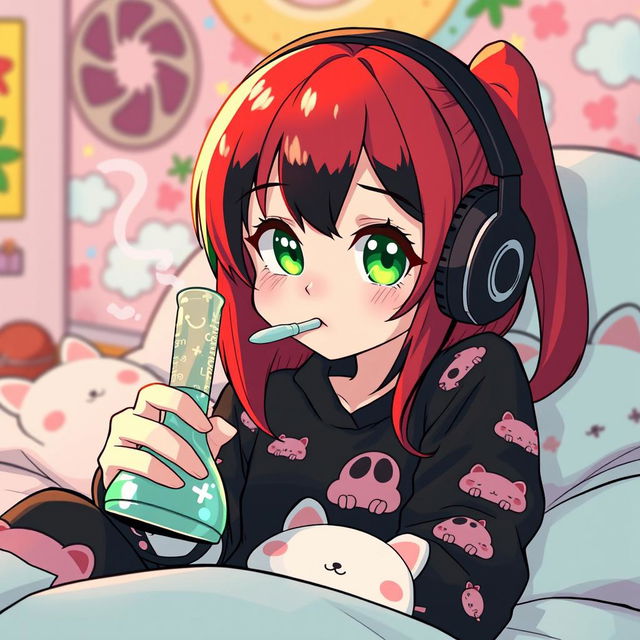 A Sanrio-inspired character resembling Kuromi, featuring a playful girl with vibrant red hair accented with black lowlights, and striking green eyes