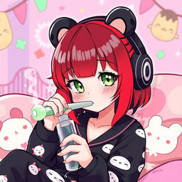 A Sanrio-inspired character resembling Kuromi, featuring a playful girl with vibrant red hair accented with black lowlights, and striking green eyes