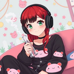 A Sanrio-inspired character resembling Kuromi, featuring a playful girl with vibrant red hair accented with black lowlights, and striking green eyes