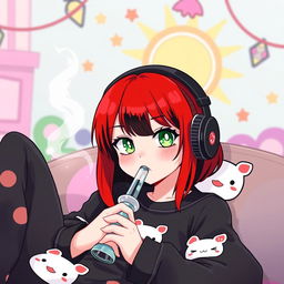 A Sanrio-inspired character resembling Kuromi, featuring a playful girl with vibrant red hair accented with black lowlights, and striking green eyes