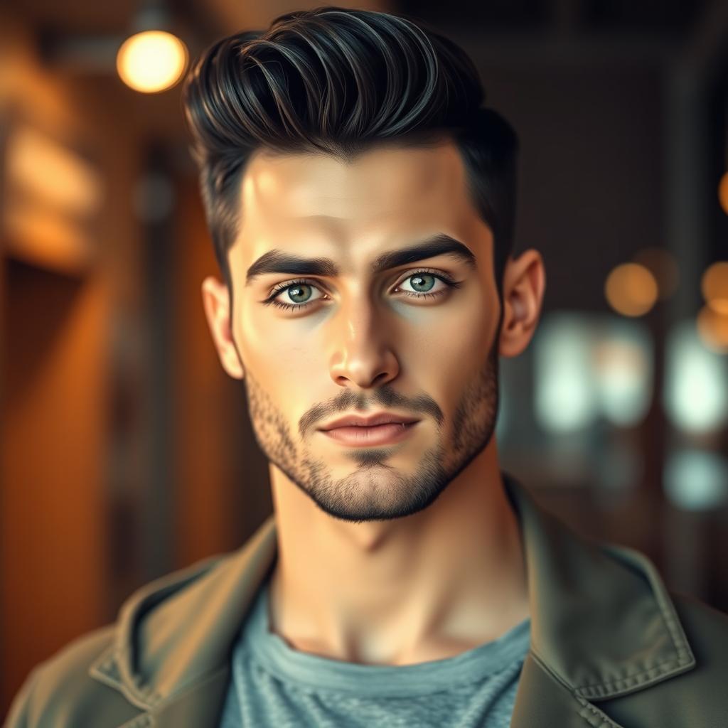 A handsome man with a slight beard, captivating green eyes, and black hair styled in a pompadour