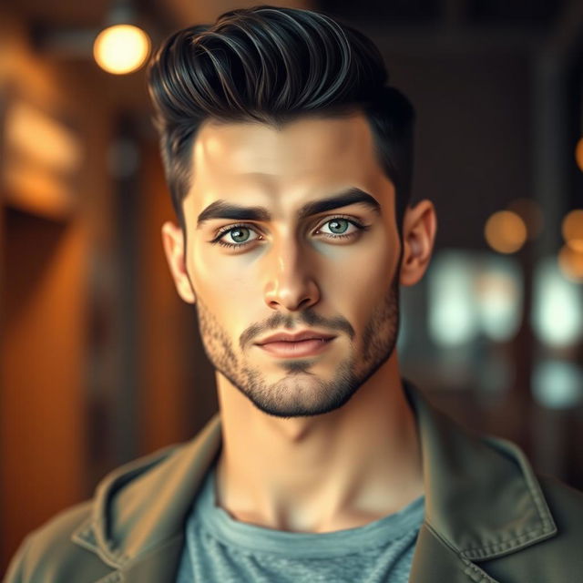 A handsome man with a slight beard, captivating green eyes, and black hair styled in a pompadour