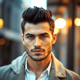 A handsome man with a slight beard, captivating green eyes, and black hair styled in a pompadour