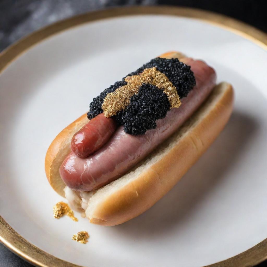 The most luxurious hot dog ever, with a sausage made from Kobe beef, garnished with caviar, truffle mayo, and gold leaf, all within a gourmet brioche bun.