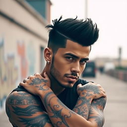 A charismatic man with a stylish black tuft hairstyle and minimal facial hair, showcasing an array of intricate tattoos on his arms