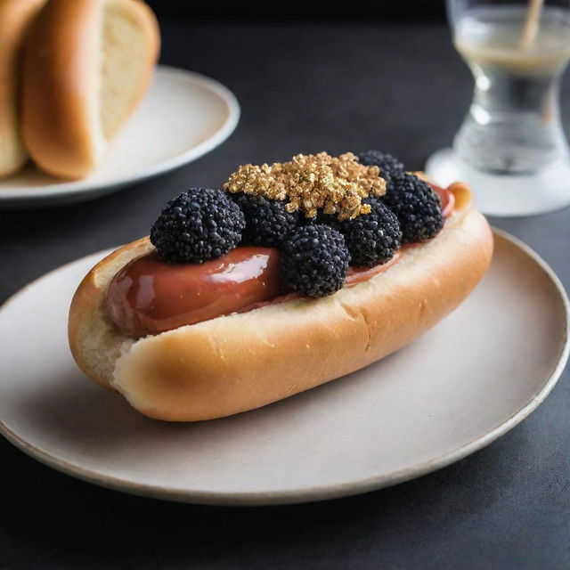 The most luxurious hot dog ever, with a sausage made from Kobe beef, garnished with caviar, truffle mayo, and gold leaf, all within a gourmet brioche bun.