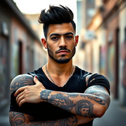 A charismatic man with a stylish black tuft hairstyle and minimal facial hair, showcasing an array of intricate tattoos on his arms