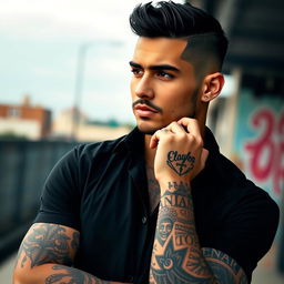 A charismatic man with a stylish black tuft hairstyle and minimal facial hair, showcasing an array of intricate tattoos on his arms