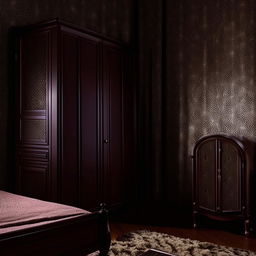 A cozy bedroom featuring dark furniture including a bed, wardrobe, and bedside table, illuminated under light, set against an elegant dark wallpaper with intricate designs.