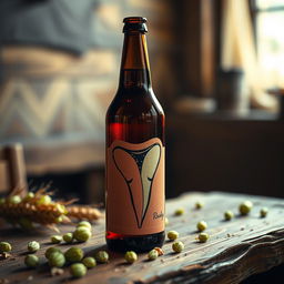 A creative and artistic design featuring a beer bottle with a stylized, abstract representation of a vagina integrated into the label