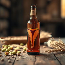 A creative and artistic design featuring a beer bottle with a stylized, abstract representation of a vagina integrated into the label