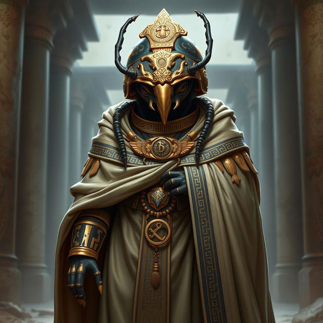 A humanoid scarab beetle D&D character dressed as a priest, showcasing an ornate shell with intricate carvings that reflect ancient Egyptian artistry