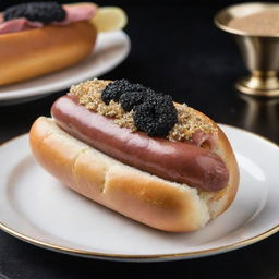 The most luxurious hot dog ever, with a sausage made from Kobe beef, garnished with caviar, truffle mayo, and gold leaf, all within a gourmet brioche bun.