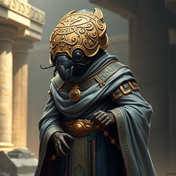 A humanoid scarab beetle D&D character dressed as a priest, showcasing an ornate shell with intricate carvings that reflect ancient Egyptian artistry