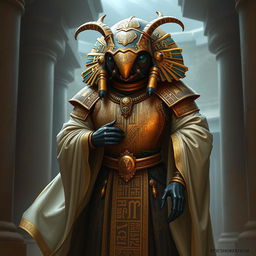 A humanoid scarab beetle D&D character dressed as a priest, showcasing an ornate shell with intricate carvings that reflect ancient Egyptian artistry