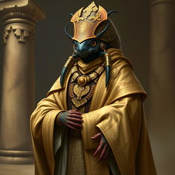 A humanoid scarab beetle D&D character dressed as a priest, showcasing an ornate shell with intricate carvings that reflect ancient Egyptian artistry