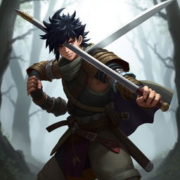 A human warrior character wielding a long sword, featuring jet black hair and a noticeable scar across one eye