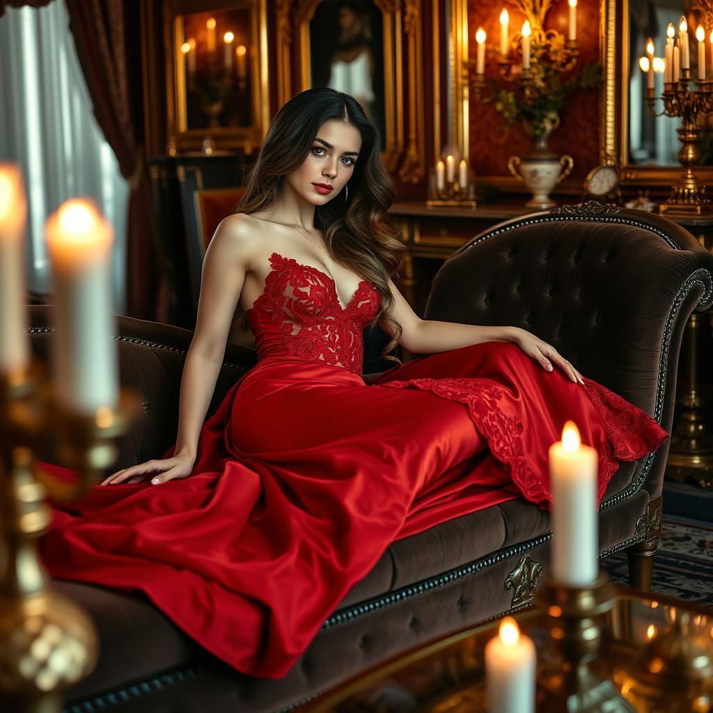 A stunning and alluring woman lounging on a luxurious velvet chaise, dressed in a glamorous and elegant red evening gown, with intricate lace details