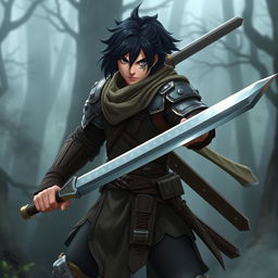 A human warrior character wielding a long sword, featuring jet black hair and a noticeable scar across one eye