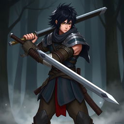 A human warrior character wielding a long sword, featuring jet black hair and a noticeable scar across one eye