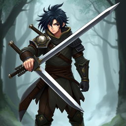 A human warrior character wielding a long sword, featuring jet black hair and a noticeable scar across one eye