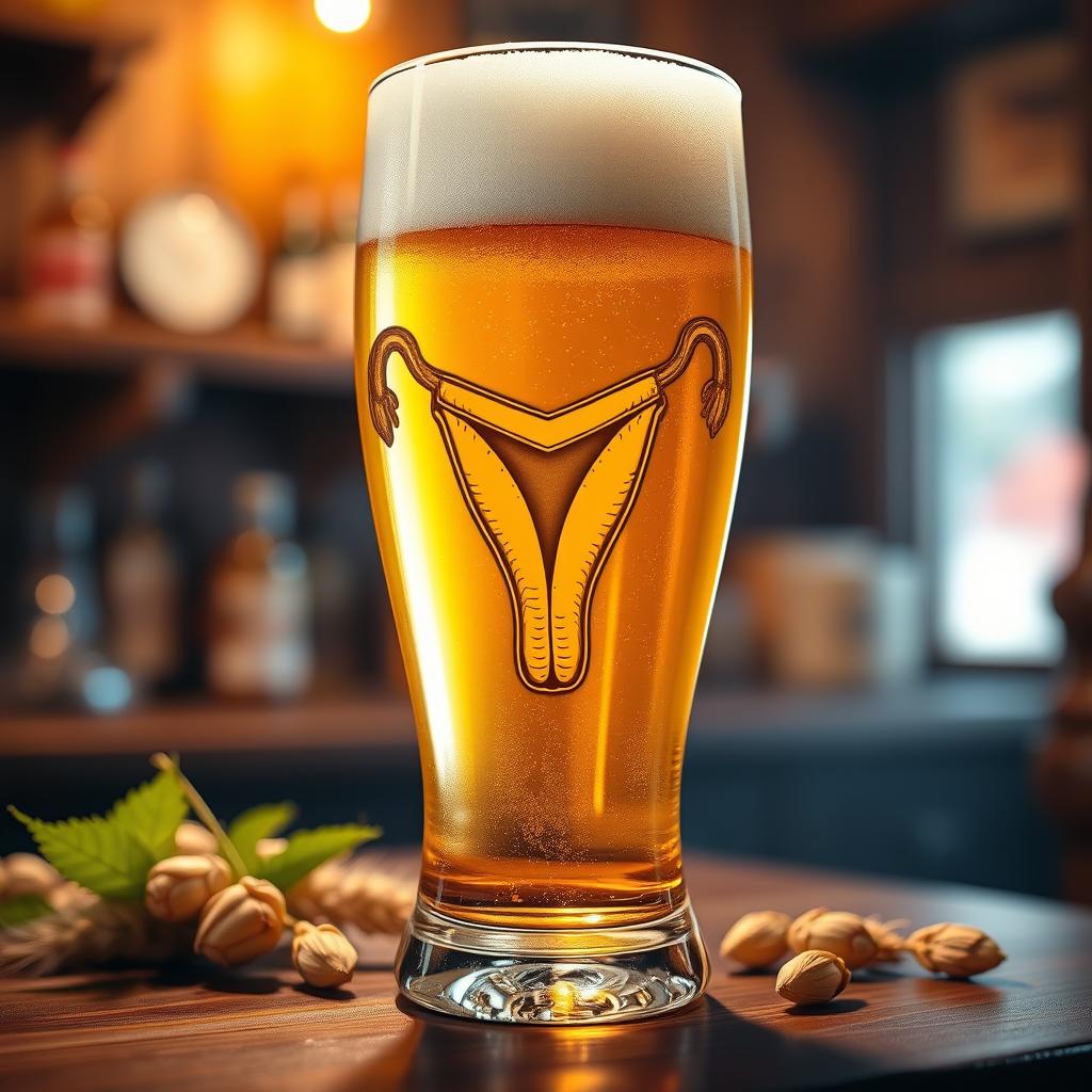 A creative and artistic design featuring a beer glass with an intricate and stylized engraving of a vagina on its surface