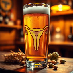 A creative and artistic design featuring a beer glass with an intricate and stylized engraving of a vagina on its surface