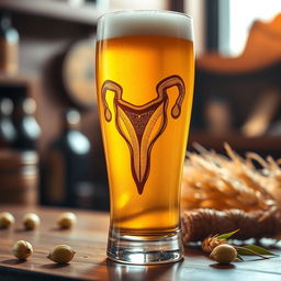 A creative and artistic design featuring a beer glass with an intricate and stylized engraving of a vagina on its surface