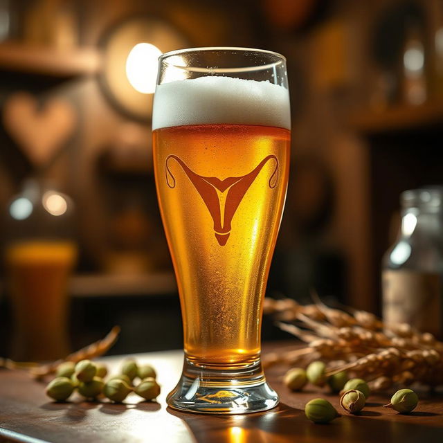 A creative and artistic design featuring a beer glass with an intricate and stylized engraving of a vagina on its surface