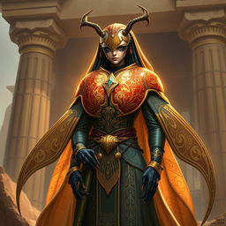 A humanoid scarab beetle D&D character depicted as a female cleric, featuring an ornate shell with intricate carvings reflecting Egyptian-inspired designs