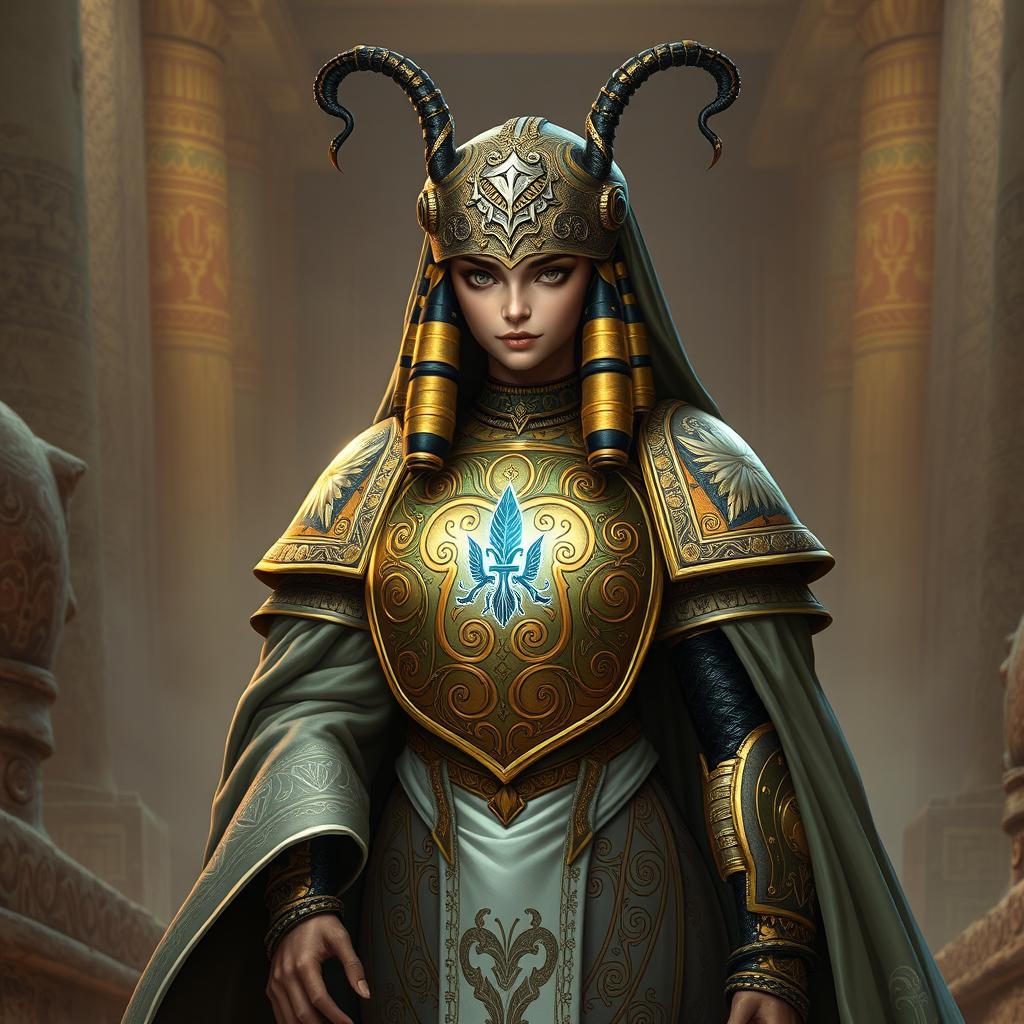 A humanoid scarab beetle D&D character depicted as a female cleric, featuring an ornate shell with intricate carvings reflecting Egyptian-inspired designs