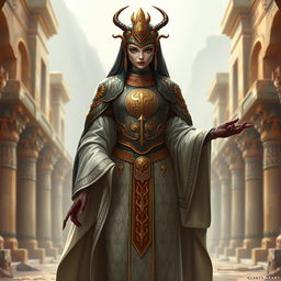 A humanoid scarab beetle D&D character depicted as a female cleric, featuring an ornate shell with intricate carvings reflecting Egyptian-inspired designs