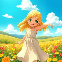 A whimsical, Studio Ghibli-inspired scene featuring a young blonde girl with vibrant green eyes, joyfully dancing in a lush flower field filled with colorful blossoms