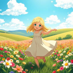 A whimsical, Studio Ghibli-inspired scene featuring a young blonde girl with vibrant green eyes, joyfully dancing in a lush flower field filled with colorful blossoms