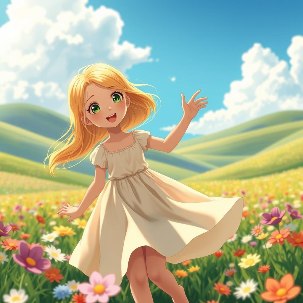 A whimsical, Studio Ghibli-inspired scene featuring a young blonde girl with vibrant green eyes, joyfully dancing in a lush flower field filled with colorful blossoms