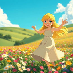 A whimsical, Studio Ghibli-inspired scene featuring a young blonde girl with vibrant green eyes, joyfully dancing in a lush flower field filled with colorful blossoms