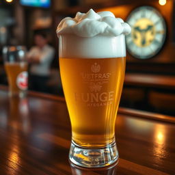 A visually striking image of a beer glass filled with golden lager, topped with frothy white foam that has formed an artistic representation of a vagina