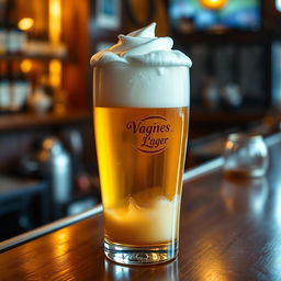 A visually striking image of a beer glass filled with golden lager, topped with frothy white foam that has formed an artistic representation of a vagina