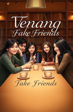 A captivating novel cover design for 'Tenang Fake Friends', featuring a group of friends in a cozy café setting